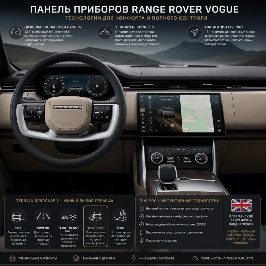 Панель приборов Range Rover Vogue с системой Terrain Response 2 и навигационным экраном Pivi Pro — интерьер флагманского британского внедорожника