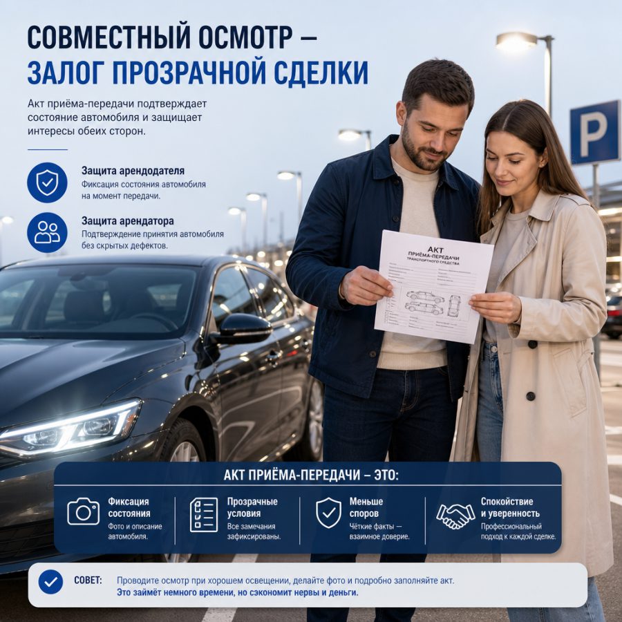 Арендодатель и арендатор стоят рядом с автомобилем на освещённой парковке, оба смотрят в распечатанный бланк акта приёма-передачи — совместный осмотр как залог прозрачной сделки