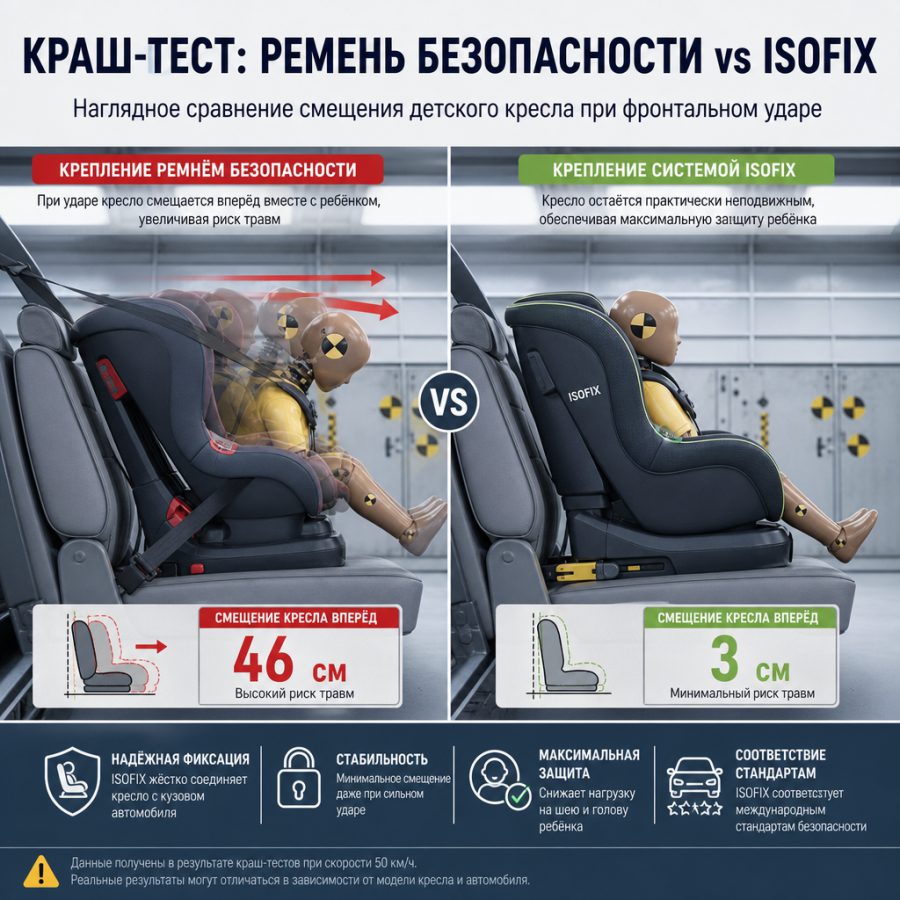 Сравнение двух детских кресел в момент краш-теста — одно закреплено ремнём безопасности и смещается при ударе, второе на системе ISOFIX остаётся неподвижным; наглядно показана разница в перемещении кресла