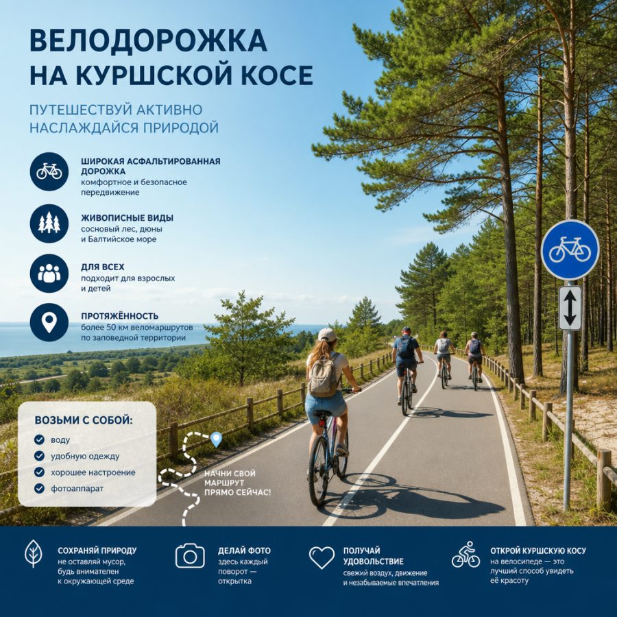 велосипедная дорожка на Куршской косе — широкая асфальтированная велодорожка вдоль соснового леса, туристы на велосипедах, солнечный день