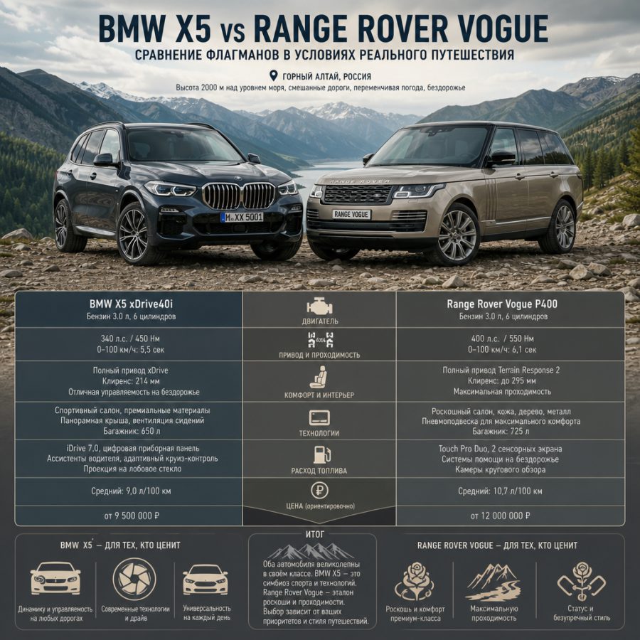 BMW X5 и Range Rover Vogue стоят рядом на фоне горного пейзажа российского Алтая — сравнение двух флагманских внедорожников в условиях реального путешествия