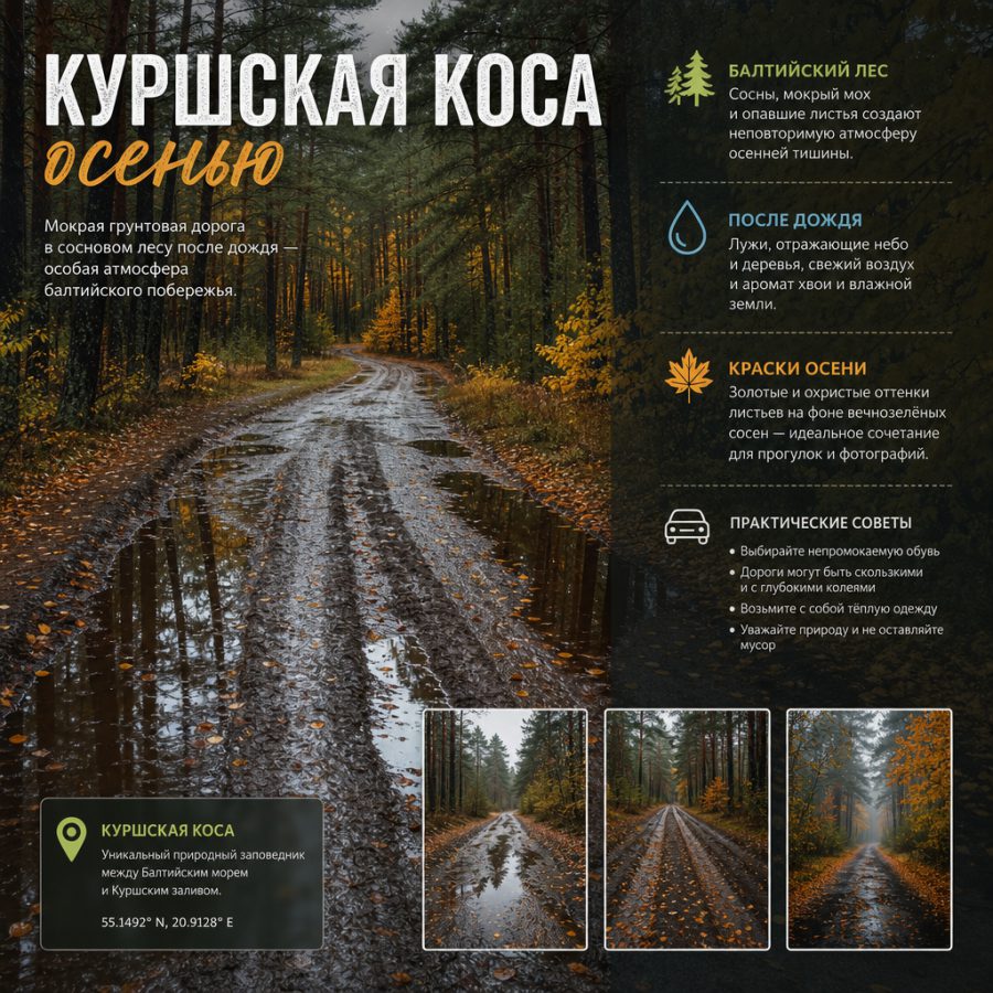 Куршская коса осенью — мокрая грунтовая дорога в сосновом лесу после дождя, лужи и колеи, опавшие листья, атмосфера влажного балтийского леса