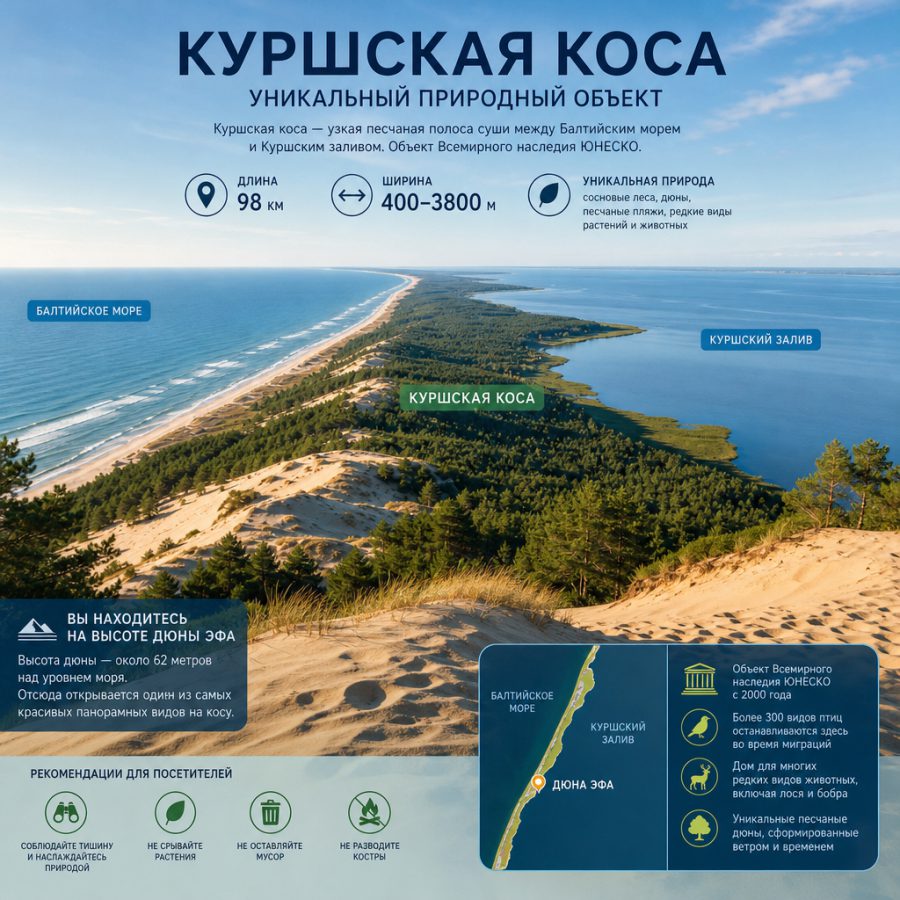 панорамный вид на Куршскую косу с высоты дюны Эфа — видна узкая полоска суши между синим Балтийским морем и Куршским заливом, покрытая соснами и песчаными дюнами