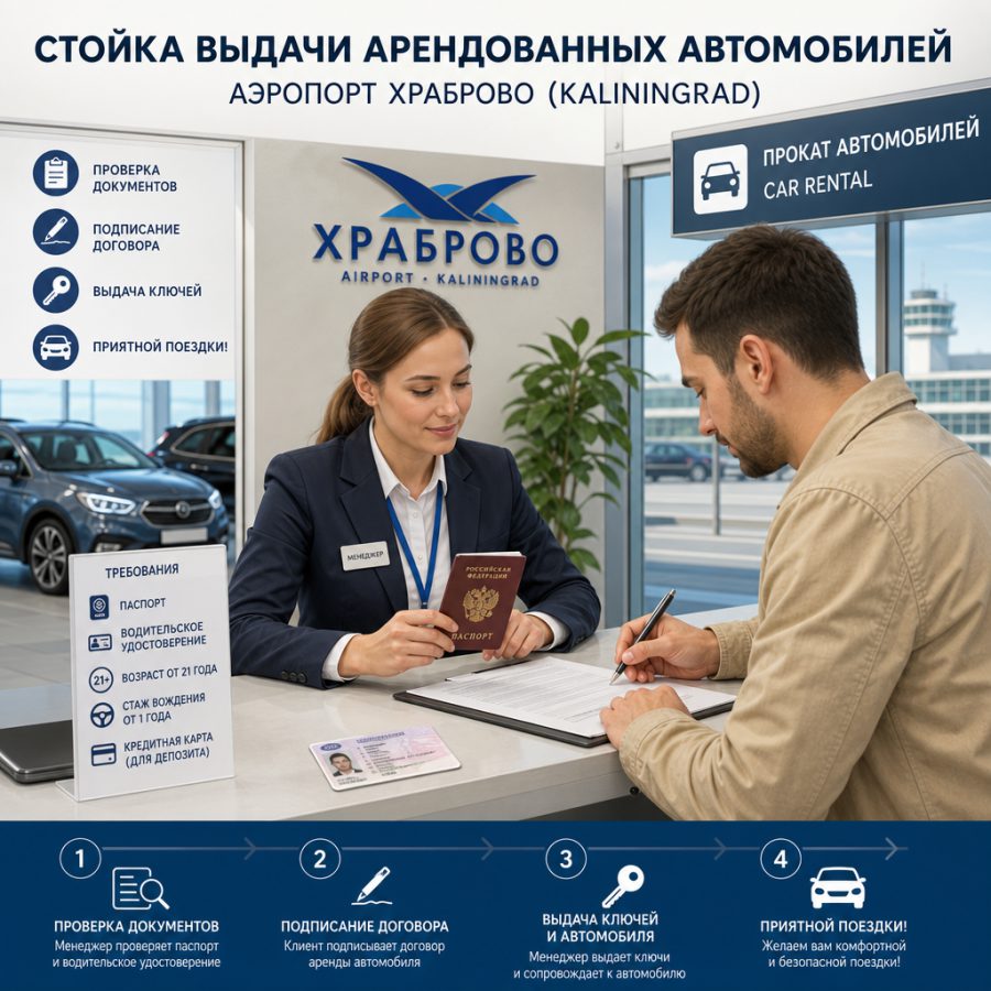 Стойка выдачи арендованных автомобилей в аэропорту Храброво — менеджер проверяет документы клиента, на столе лежат водительское удостоверение и паспорт, клиент подписывает договор аренды